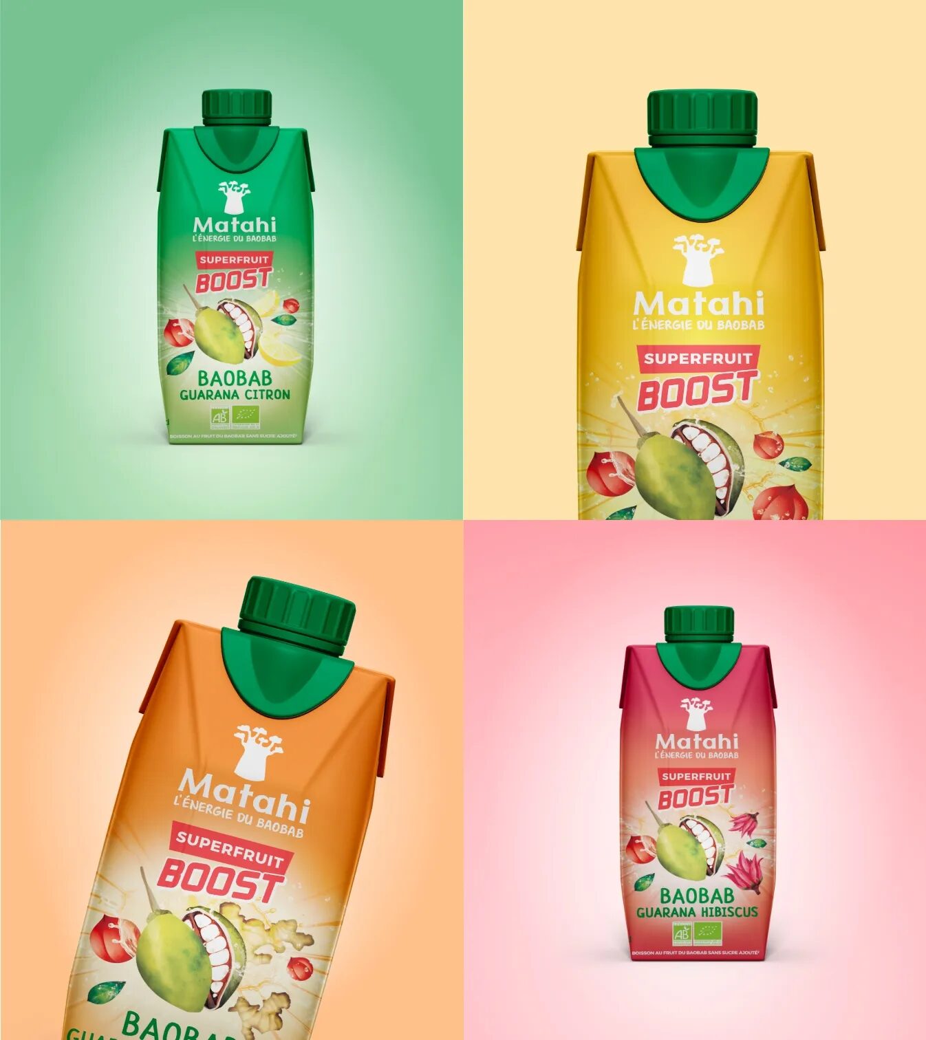 Matathi Superfruit Boost organic drink packaging with baobab, available in guarana, lemon and guarana hibiscus flavours, presented on coloured backgrounds