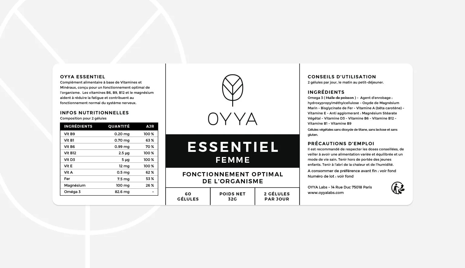 Oyya Essentiel Femme packaging label for food supplements, with nutritional information, instructions for use and ingredients