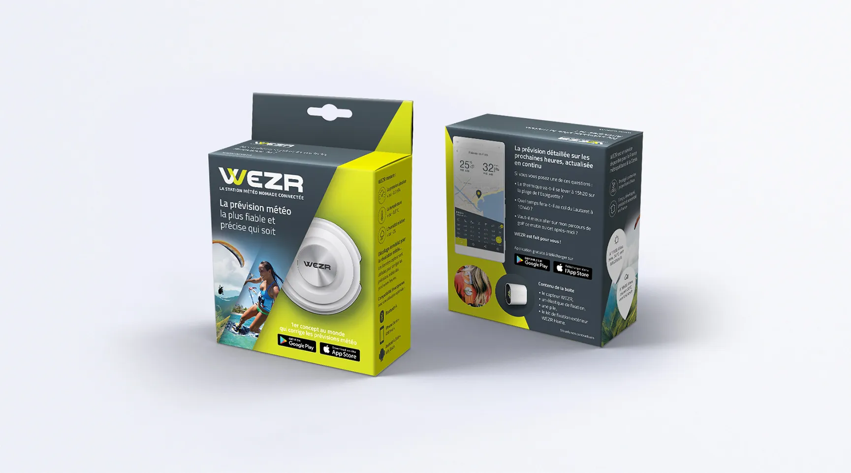 Wezr packaging for connected nomadic weather station, with product presentation, mobile app and local weather forecast.