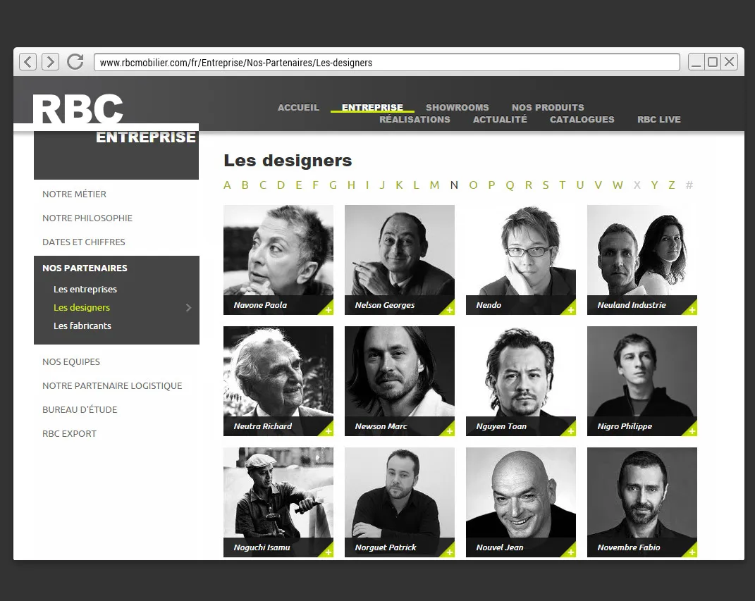 Designers page on the RBC Furniture website featuring an alphabetical list of designers, black and white portraits and browsing by design partners
