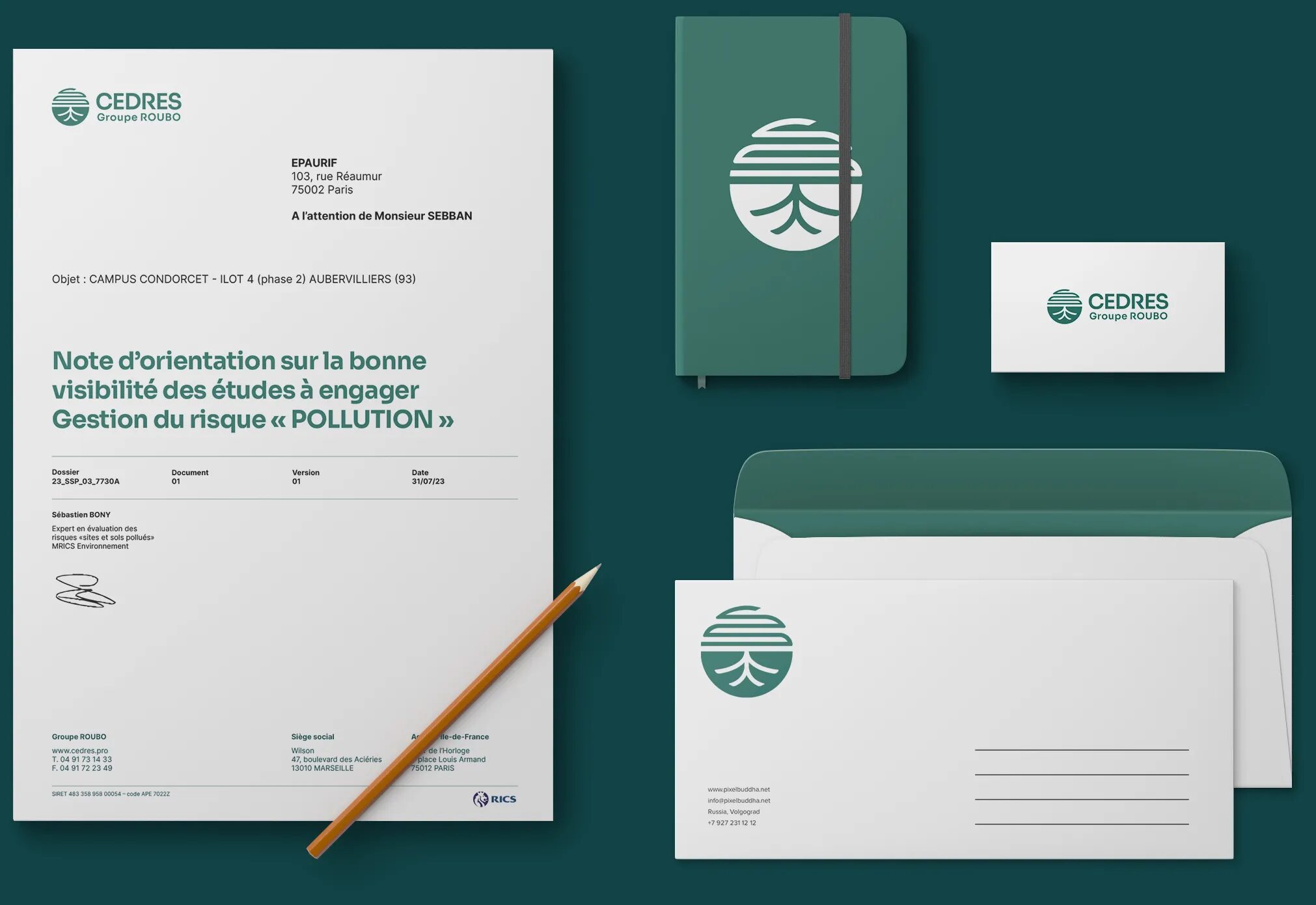 Cedars Roubo Group stationery with visual identity on official mail, notebook, business card, envelope and correspondence