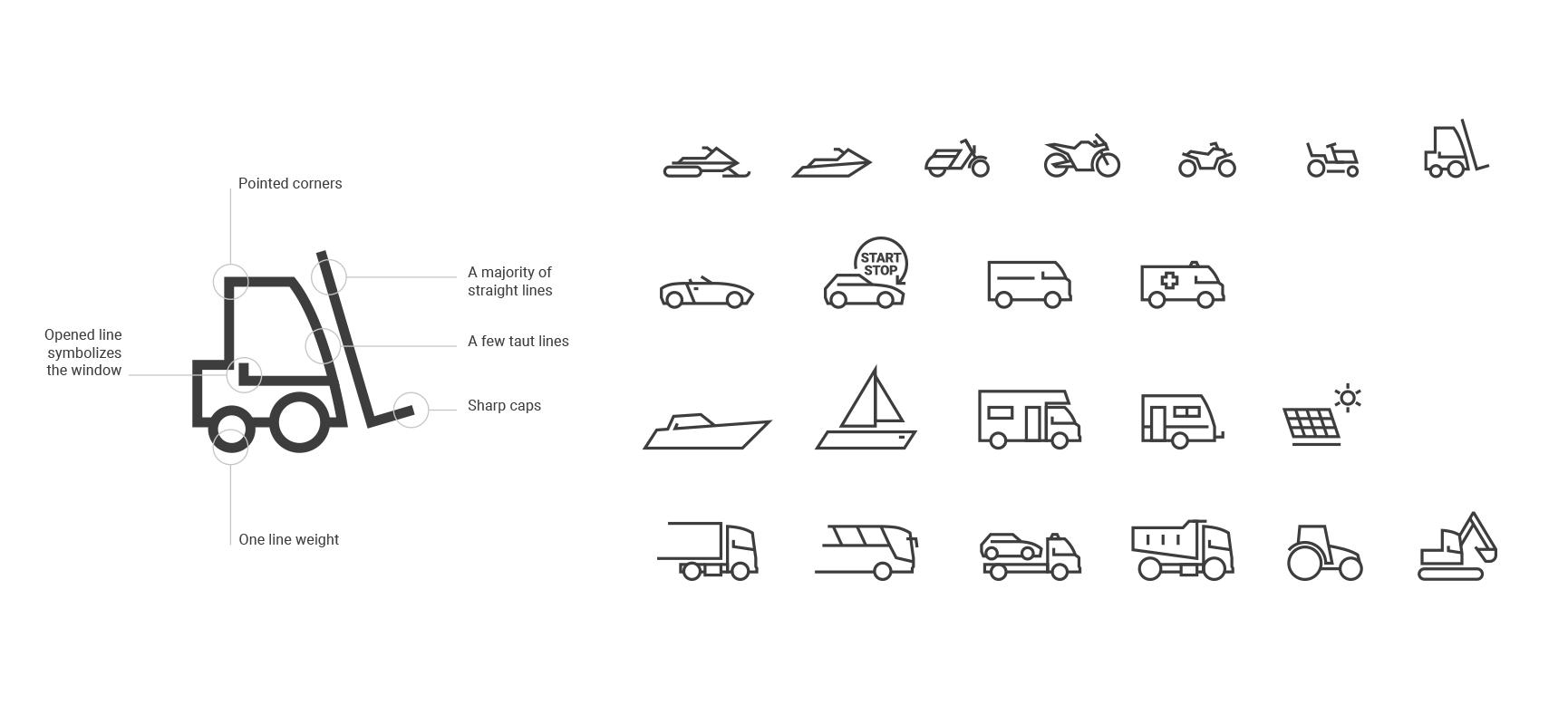 Graphic construction rules for a forklift pictogram on the left, accompanied by a grid of various vehicle icons in thin lines on the right