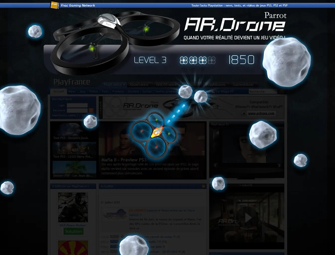 Fnac & Parrot advertising design for AR. Drone, with augmented reality game interface, asteroids and drone in flight
