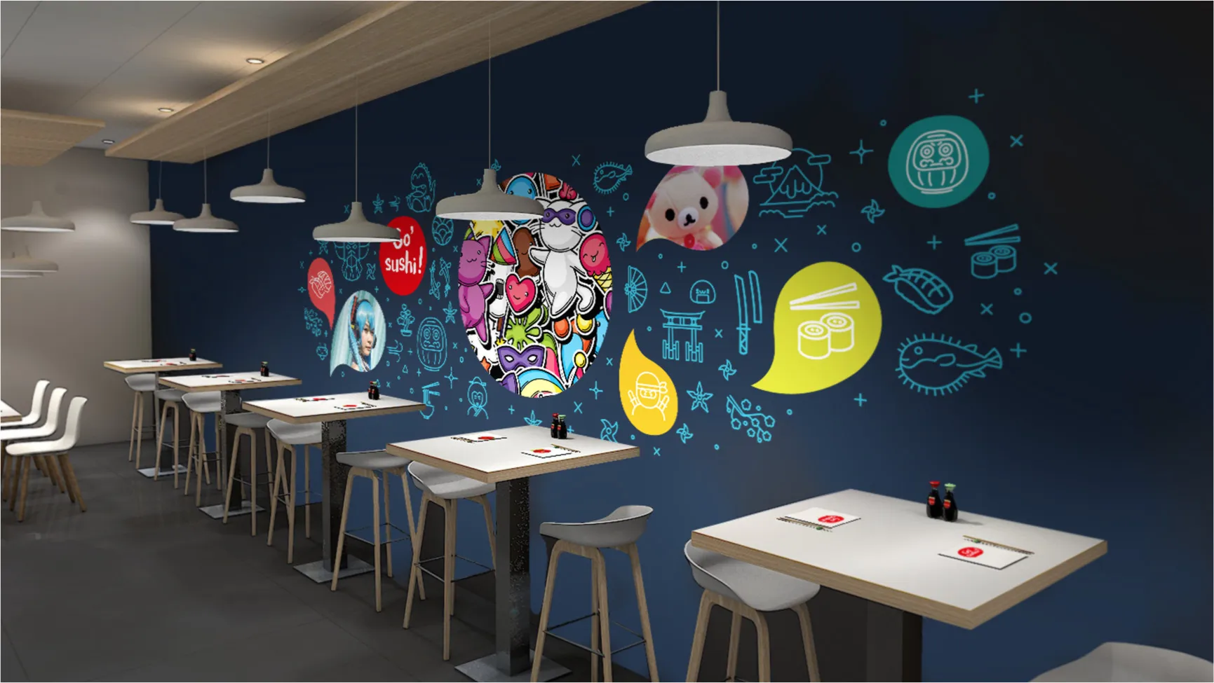 Indoor room of the Japanese restaurant Go Sushi with manga mural, Japanese pictograms and colorful graphic decoration