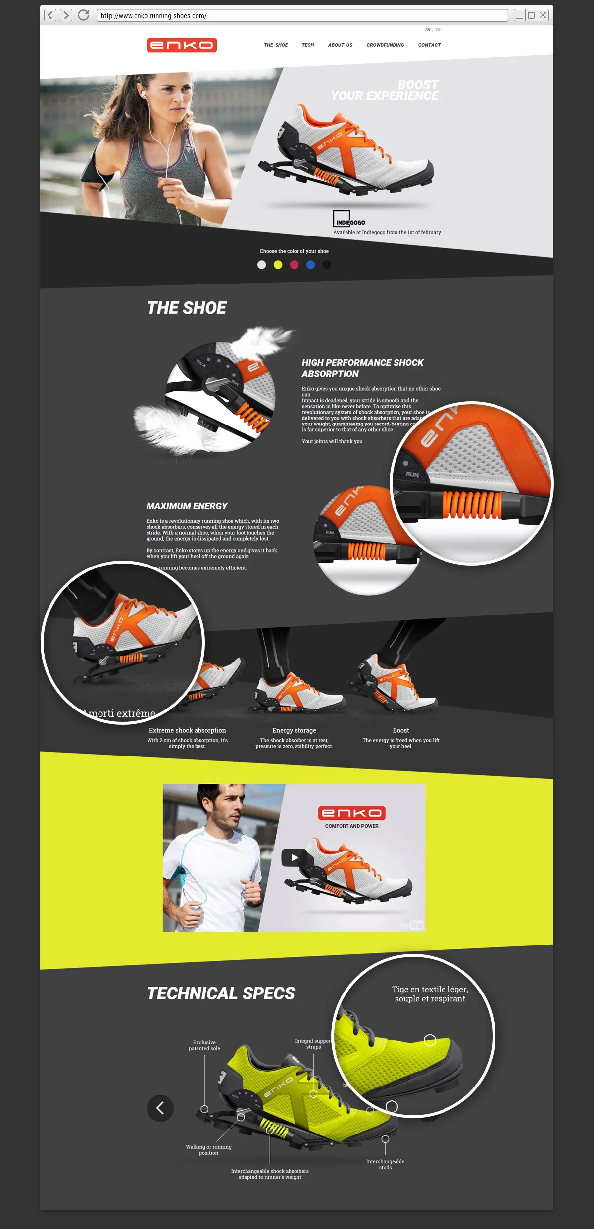Enko digital visual presenting the responsive website of the mechanically cushioned running shoe, displayed on laptops and smartphones