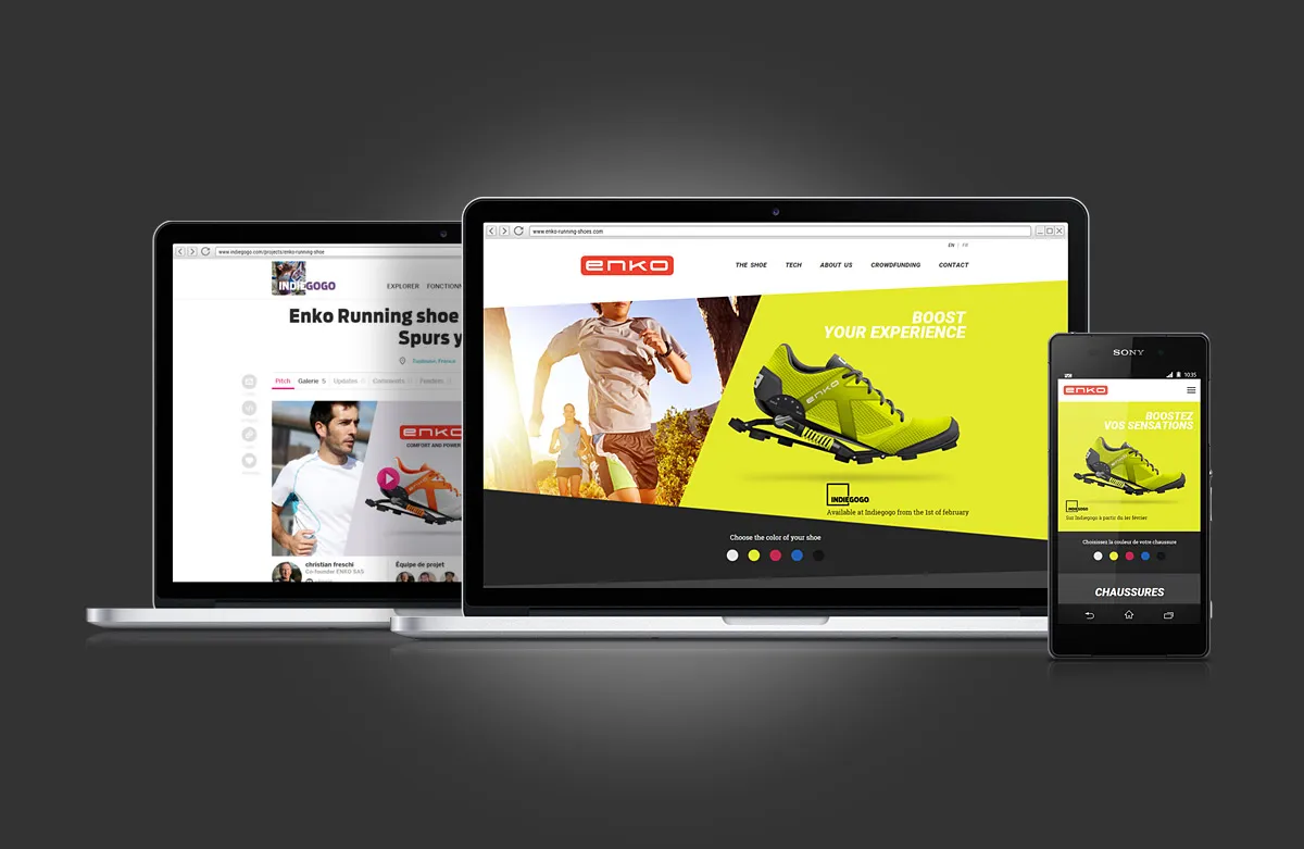 Enko digital visual presenting the responsive website of the mechanically cushioned running shoe, displayed on laptops and smartphones