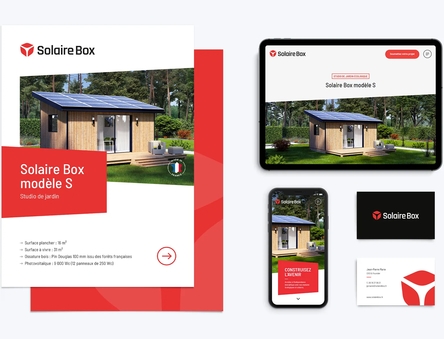 Presentation of the Solar Box model S, with print and digital supports showing an ecological garden studio, responsive website, business card and visual identity