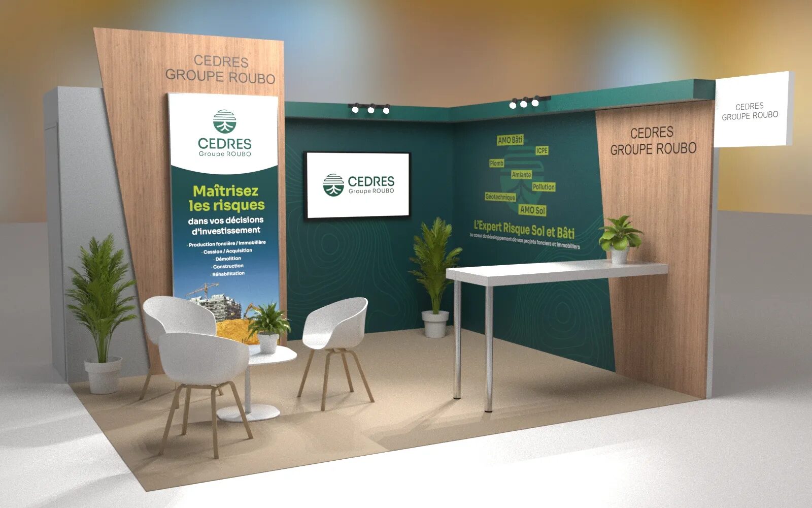 Cèdres Groupe Roubo event stand with signage, presentation screen, reception area and communication materials on soil and building risks