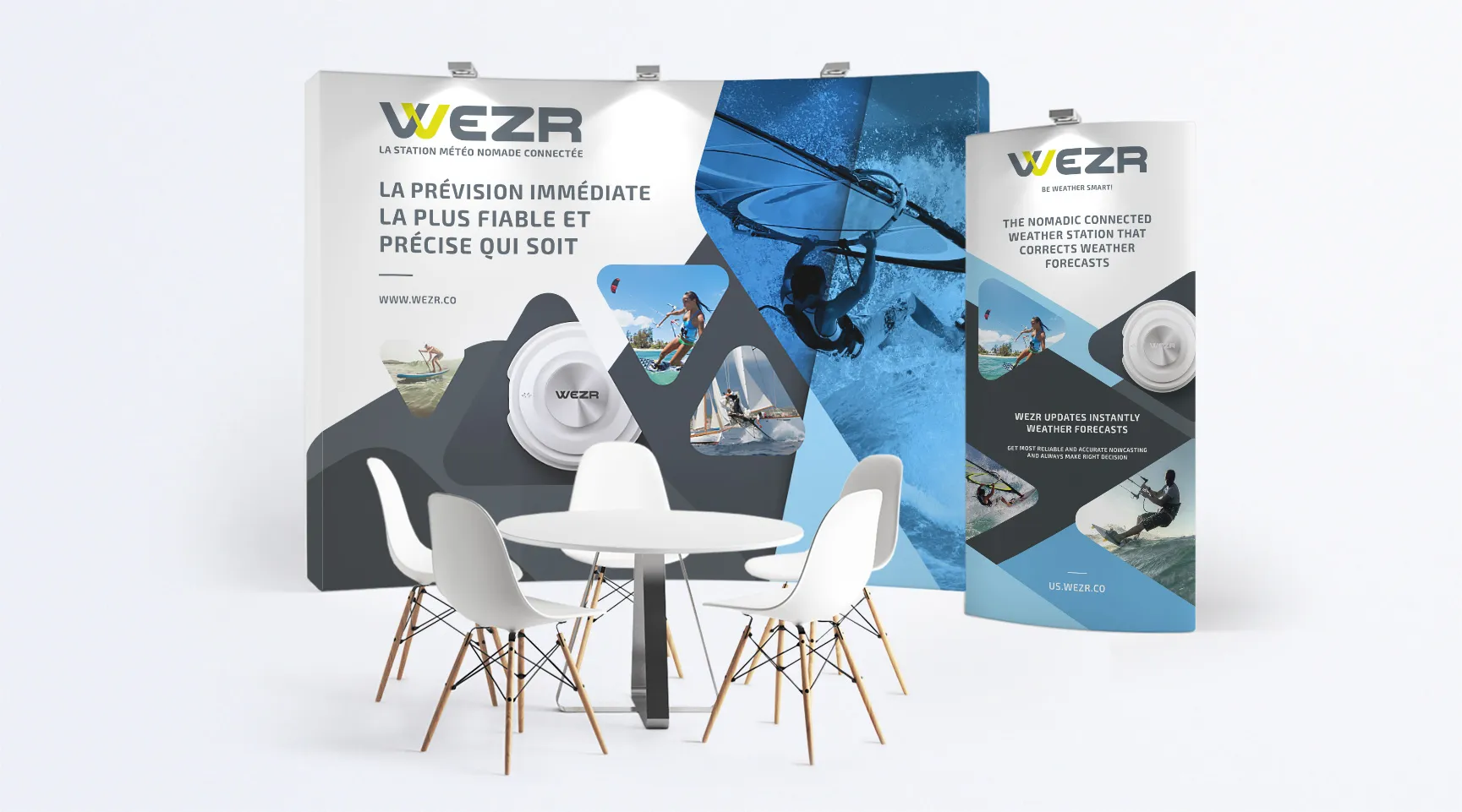 Wezr exhibition stand with graphic design, kakemono and promotional visuals for a connected nomadic weather station dedicated to outdoor sports.