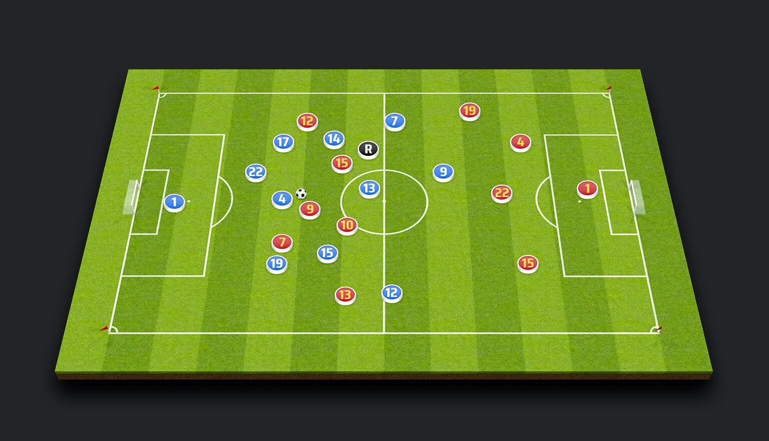 SkillCorner 3D visualization of a football field with positions of players, ball and referee for tactical analysis and sports tracking