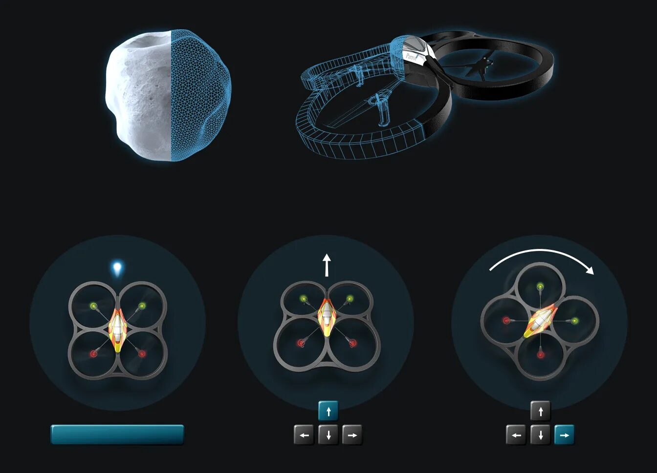 Fnac & Parrot explanatory visual for AR. Drone, showing the 3D modeling of the drone, an asteroid and the piloting controls in augmented reality