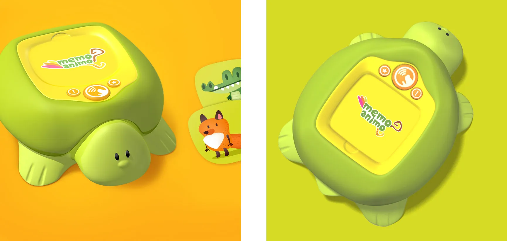 Momo Animo 3D visuals showing a green interactive turtle with touch screen, built-in logo and illustrated animal cards