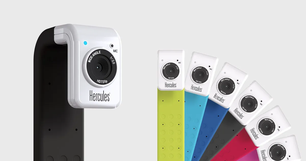 Hercules HD Twist webcam with wide-angle lens, built-in mic, and flexible stand in multiple colors