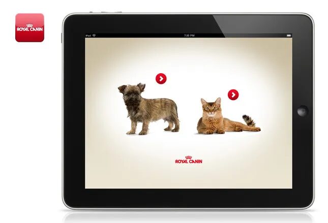 Royal Canin tablet app with dog and cat anatomy.