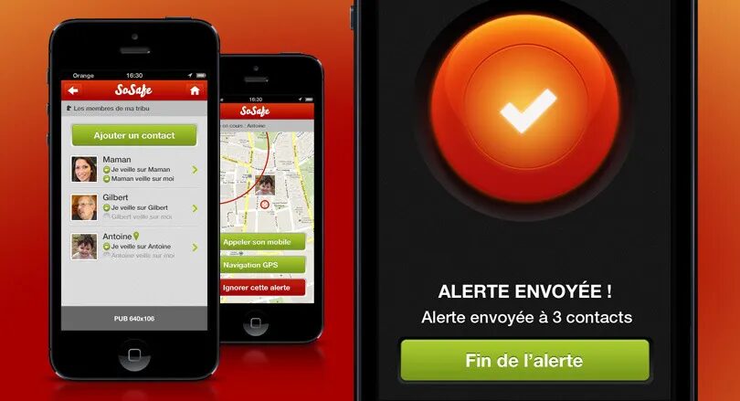 SoSafe mobile app design - geolocation contacts tribe alert GPS security iPhone by cubedesigners