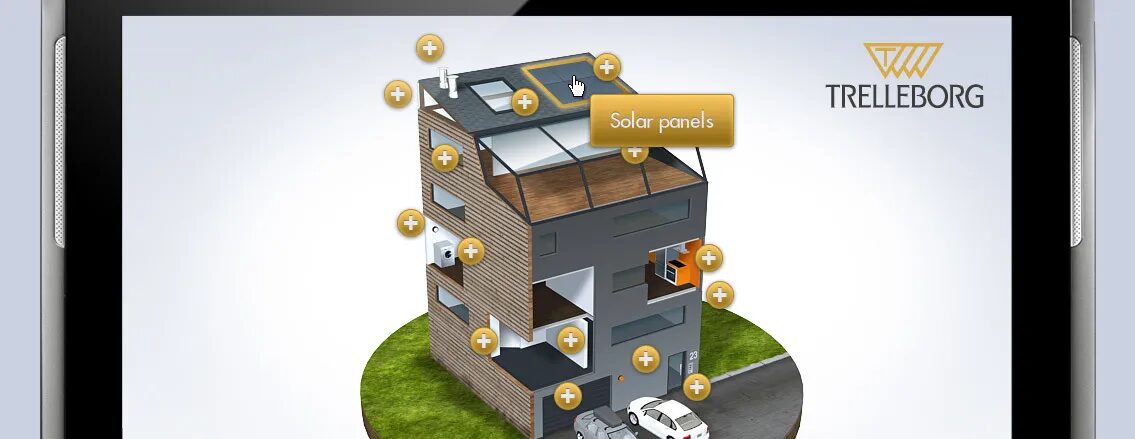 Trelleborg app with interactive house and solar panels.