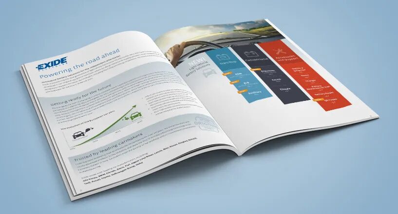 Exide batteries powering the road ahead catalogue brochure design by cubedesigners