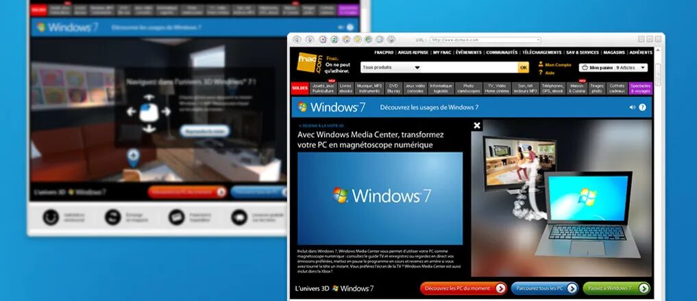 Windows 7 Media Center interactive digital campaign design for Fnac - multiscreen 3D experience by cubedesigners