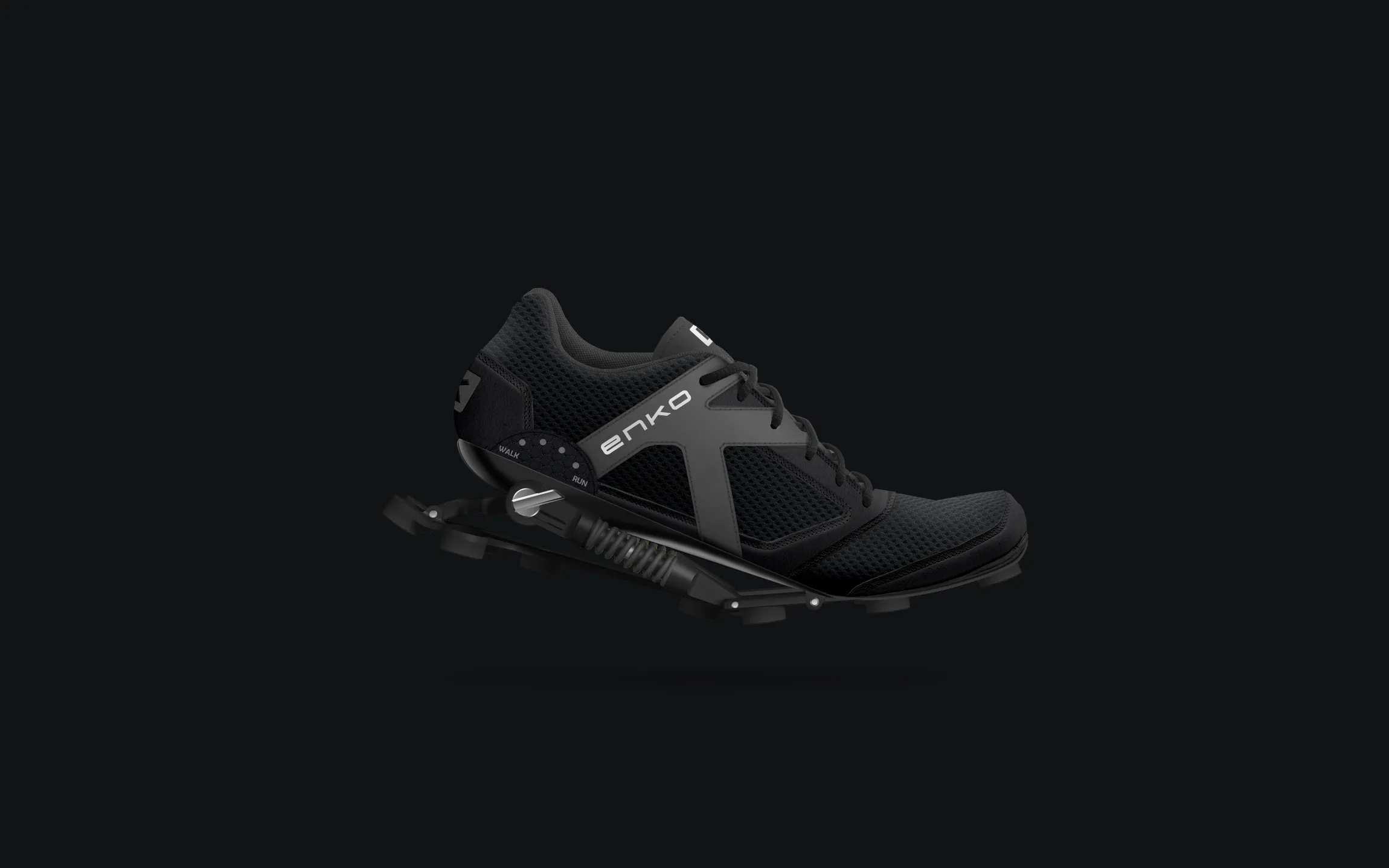 Visuel de couverture Enko pour chaussure de running innovante, avec système d’amorti mécanique et design sportif noir