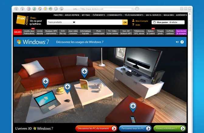 Windows 7 3D interactive experience design for Fnac.com - connected living room universe by cubedesigners