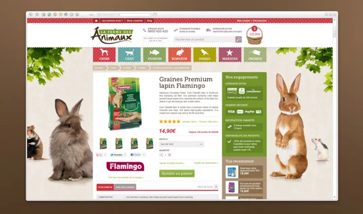 Design e-commerce product sheet La Ferme des Animaux - premium seeds rabbit Flamingo pet store design by cubedesigners