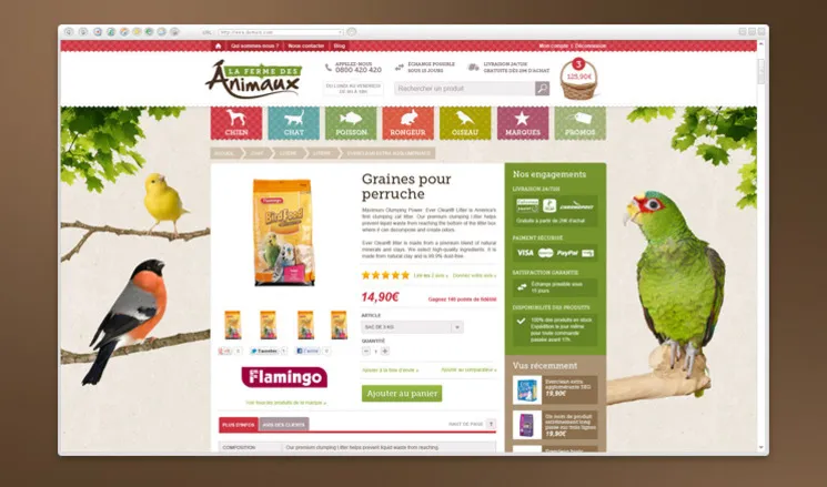 Product sheet design e-commerce La Ferme des Animaux - seeds for Flamingo parakeet design birds by cubedesigners