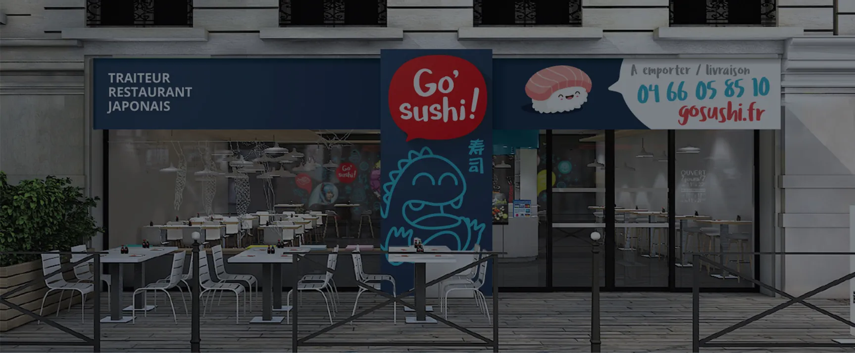 Façade du restaurant japonais Go Sushi avec identité visuelle colorée, enseigne illustrée et terrasse extérieure