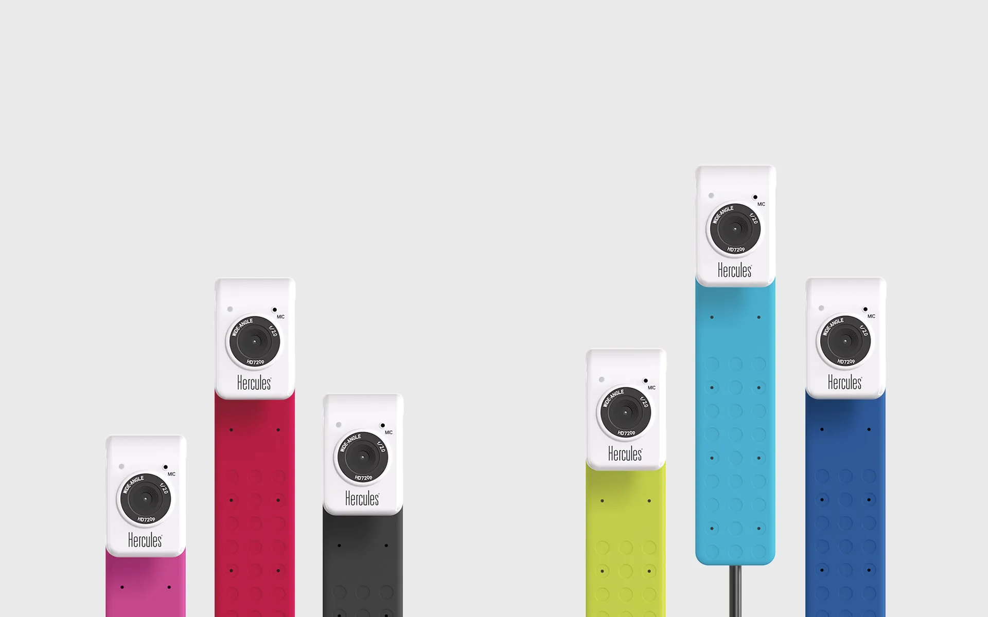 Visuel de couverture HD Twist pour webcam Hercules, avec plusieurs caméras colorées et design produit modulable