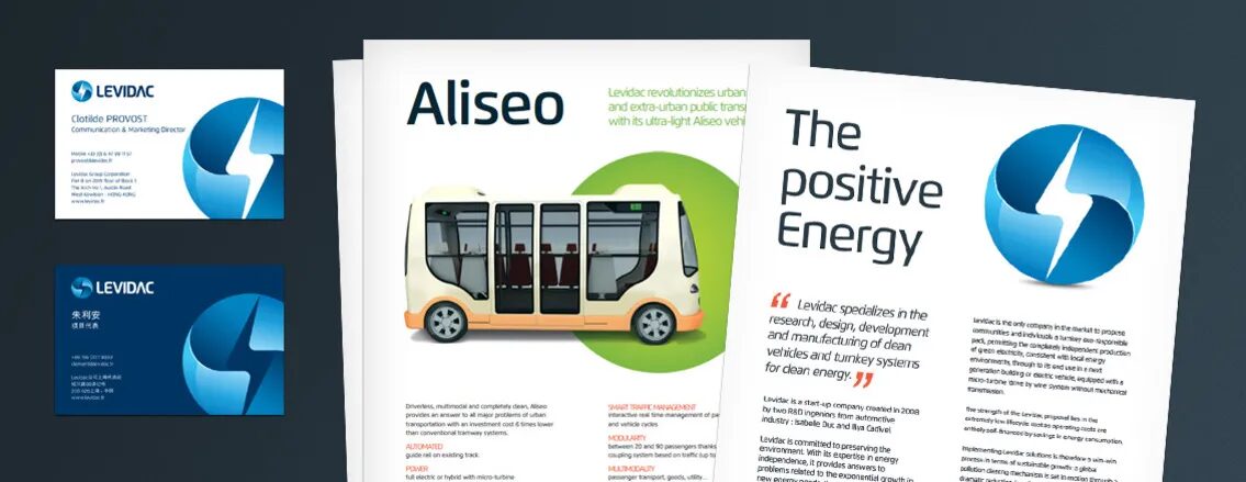 Visual identity design and media print Levidac - business card brochure electric vehicle Aliseo clean energy by cubedesigners