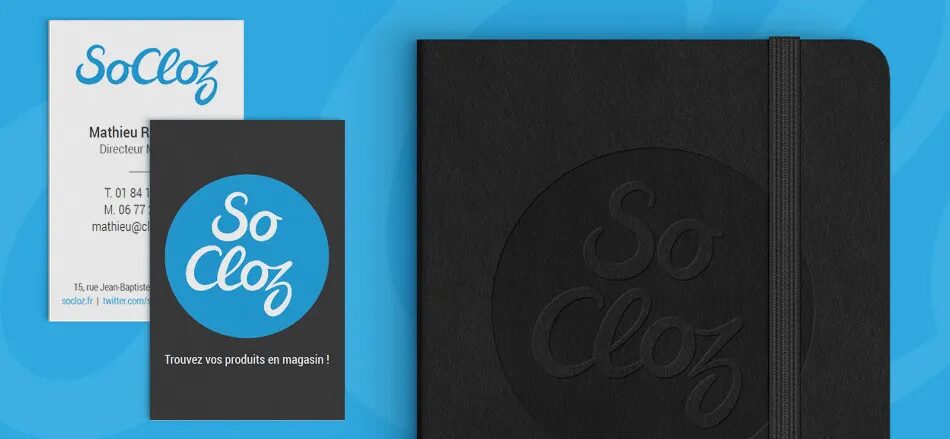 Design, visual identity and media print SoCloz - business card, notebook, embossed logo, marketplace fashion by cubedesigners