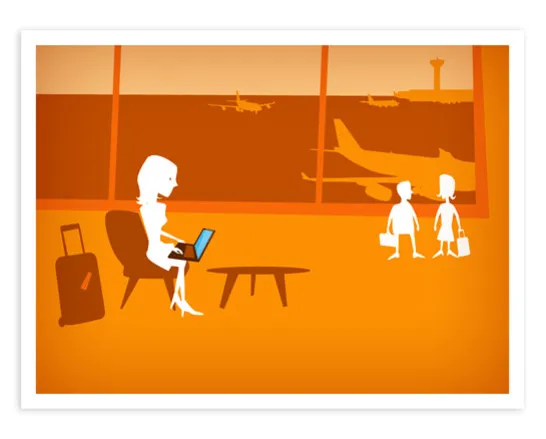 Airport illustration with female traveler and passengers in silhouette.