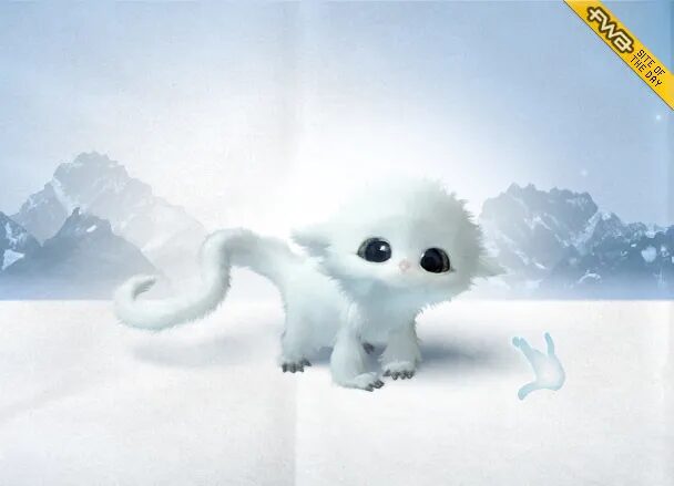 Illustration of a small white fantasy creature in a snowy landscape, with icy mountains and mild winter atmosphere