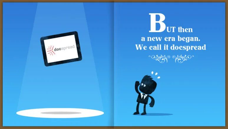Docspread illustration on blue background with tablet and character.