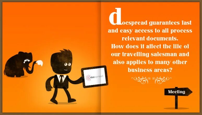Docspread illustration on orange background with character and elephant.