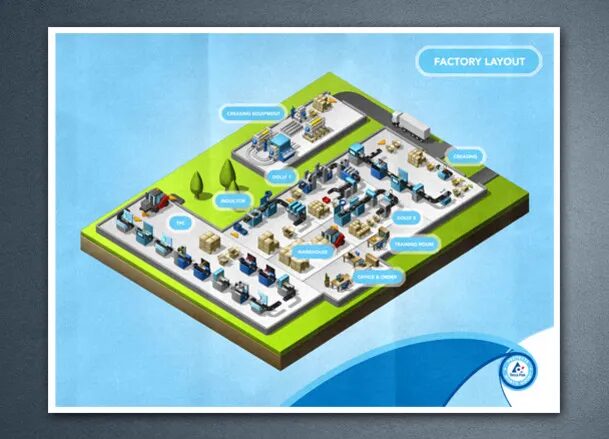 Isometric illustration of an automated factory plan