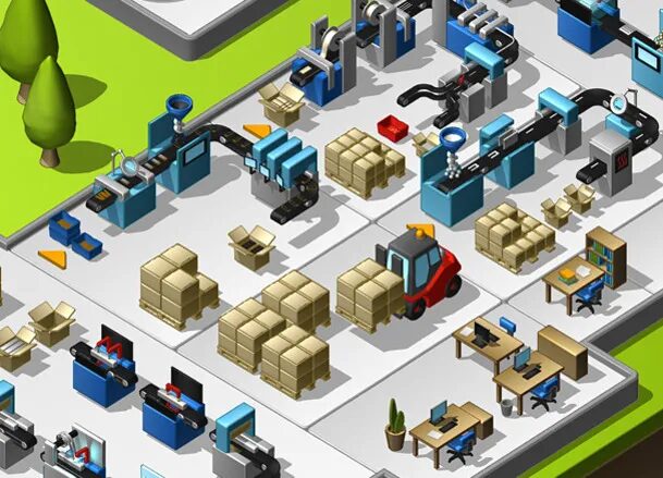 Isometric illustration of an automated factory