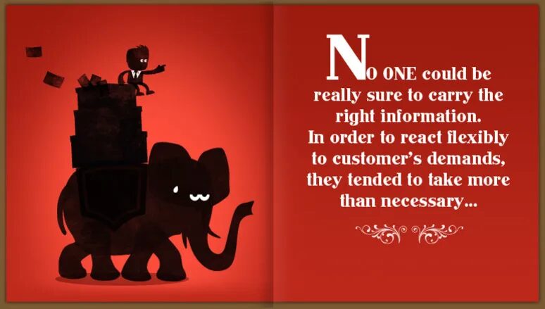 Narrative illustration on red background with elephant and English text.