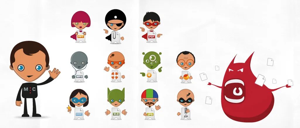 Illustrations of mascot characters and red monster.