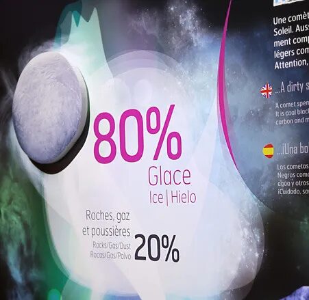 Cité de l'Espace exhibition graphic design - comet composition 80% ice 20% rocks gas dust multilingual by cubedesigners