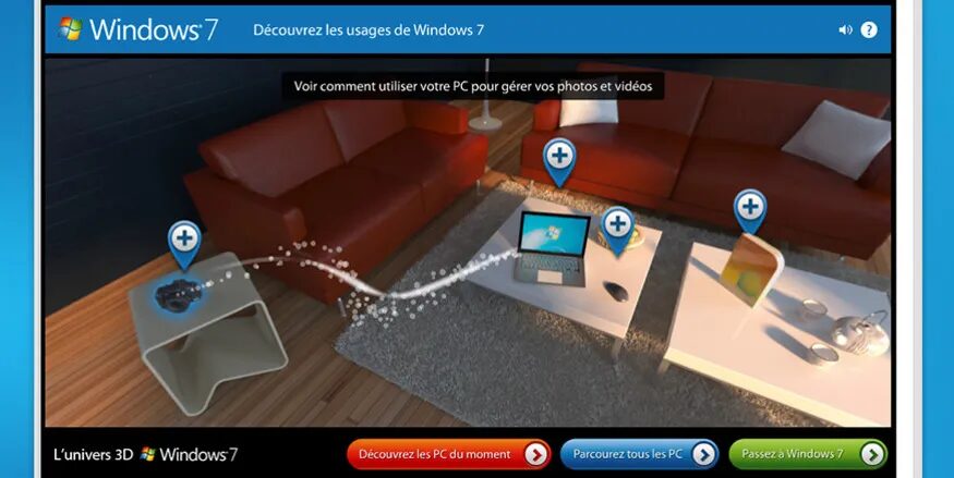 Interactive 3D Windows 7 interface, photo and video management - navigation hot spots, connected living room by cubedesigners