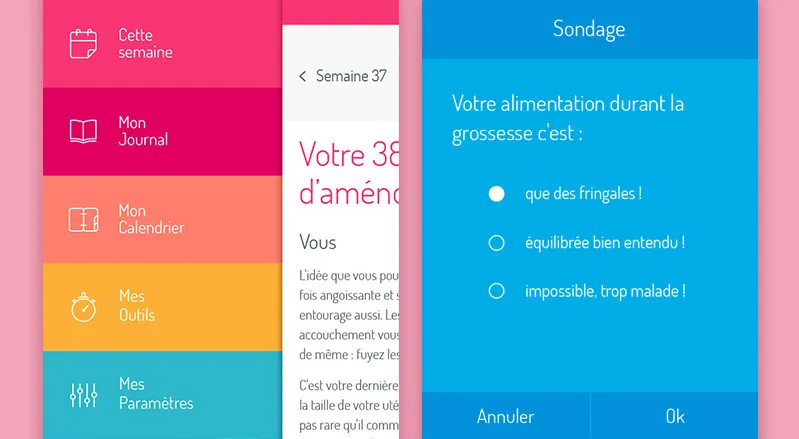 Creation of the UX interface, newspaper and pregnancy survey, La Boîte Rose application by cubedesigners