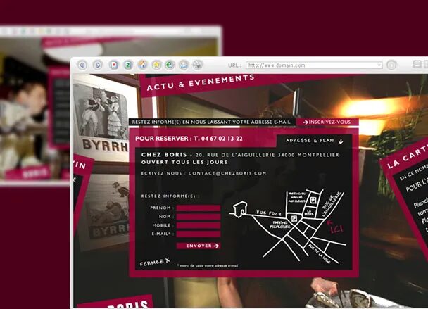 Web interface Chez Boris dedicated to news and reservations, with contact form, access map and graphic identity bordeaux.