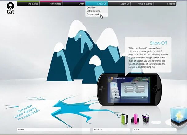 "tat" web interface with low poly illustrated design, drop-down navigation menu and interactive mobile interface demonstration