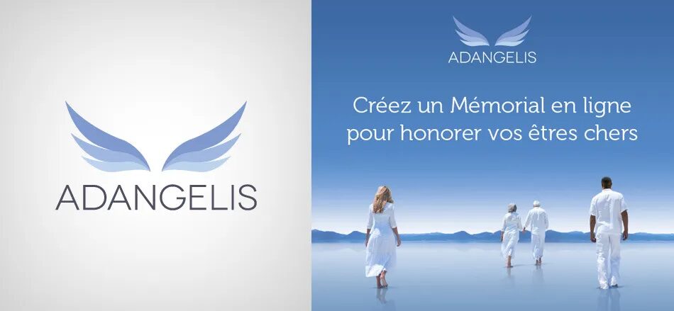 Design, logo and visual identity Adangelis - online memorial platform tribute to the deceased wings sleek design by cubedesigners