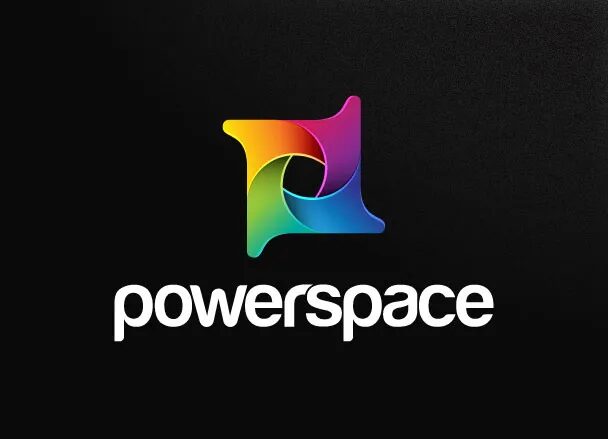 Powerspace logo with multi-coloured symbol on a black background.