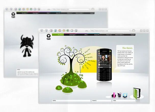 TAT web mockup featuring a futuristic user interface with stylized tree illustration, smartphone, and interactive graphical navigation