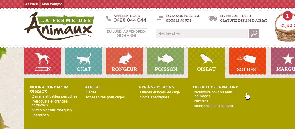 Conception navigation e-commerce La Ferme des Animaux - menu categories dog cat rodent fish bird by cubedesigners