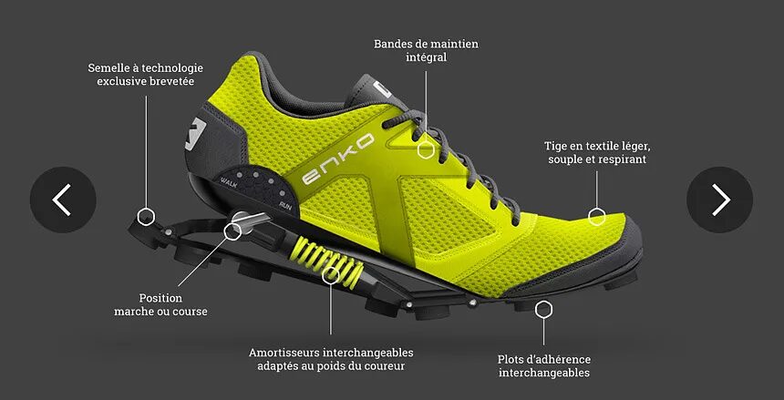 Product page design technology shock absorbing ENKO running shoes by cubedesigners