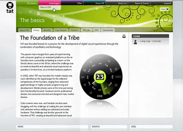 "The basics" page of the TAT website presenting the history and foundations of the company, with illustrated green design and interactive circular interface
