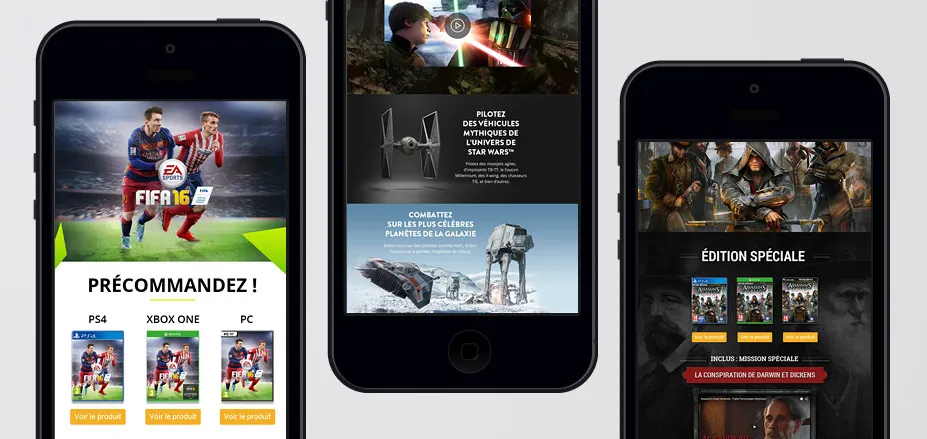 Creation of product pages mobile video games Fnac FIFA 16 Star Wars Assassin's Creed by cubedesigners